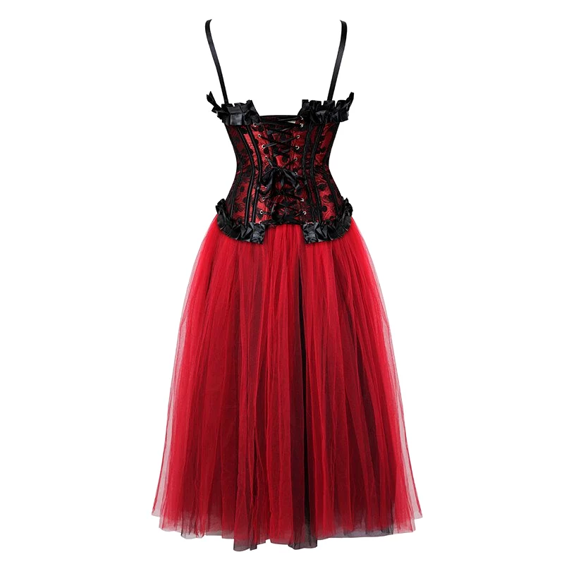 Red corset dress with drag-style Ninette design.