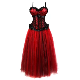 Red corset dress with drag-style Ninette design.