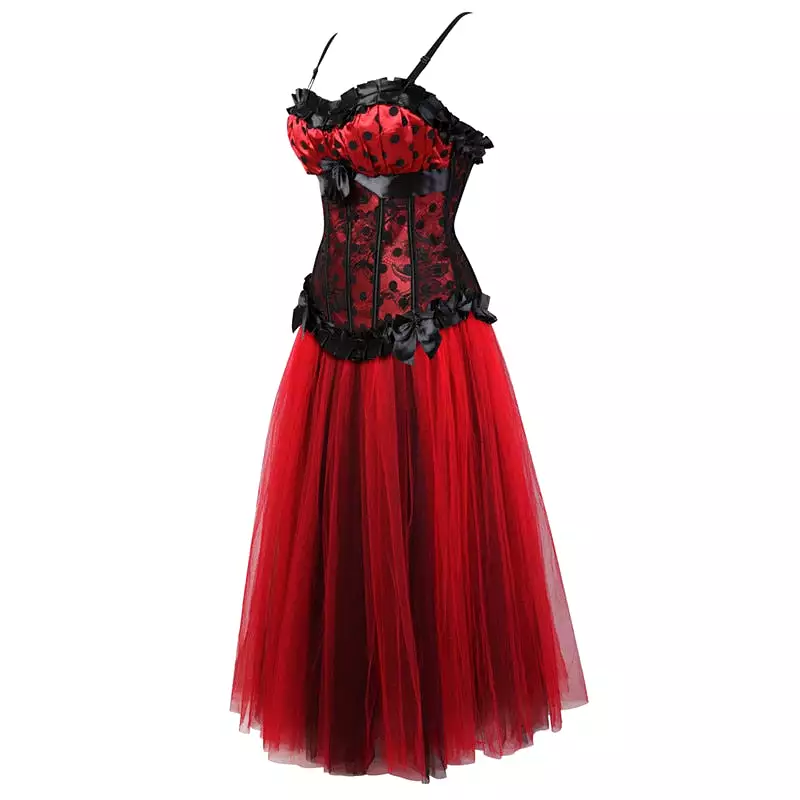 Red corset dress with drag-style Ninette design.