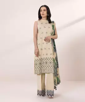 Cotton Satin Embroidered Suit - 3 Piece