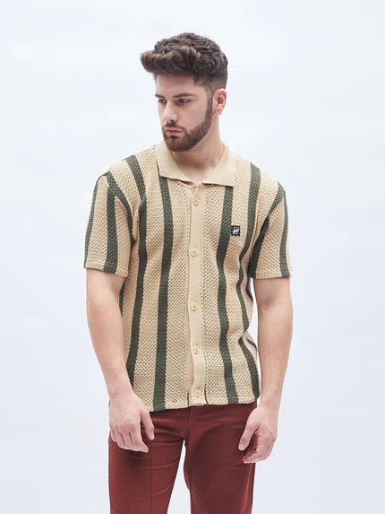 crochet knitted shirt with camel stripes