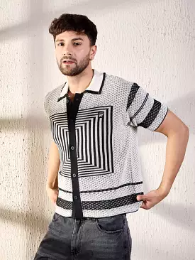 crochet shirt with white and black geometric pattern.