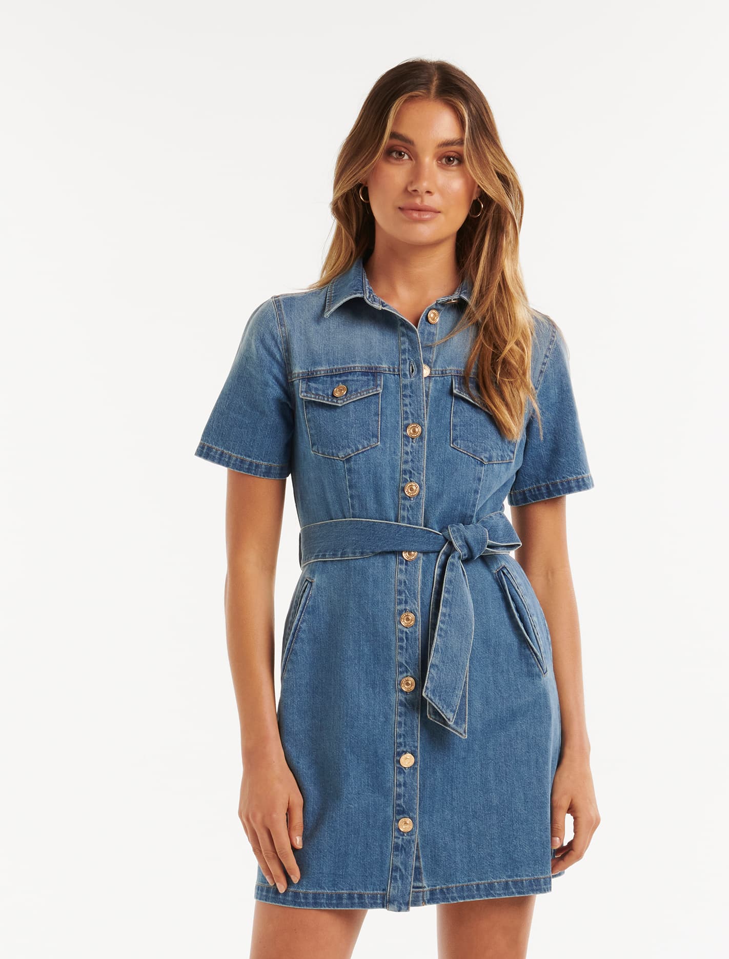 Denim Short Sleeve Shirt Dress by Andrea