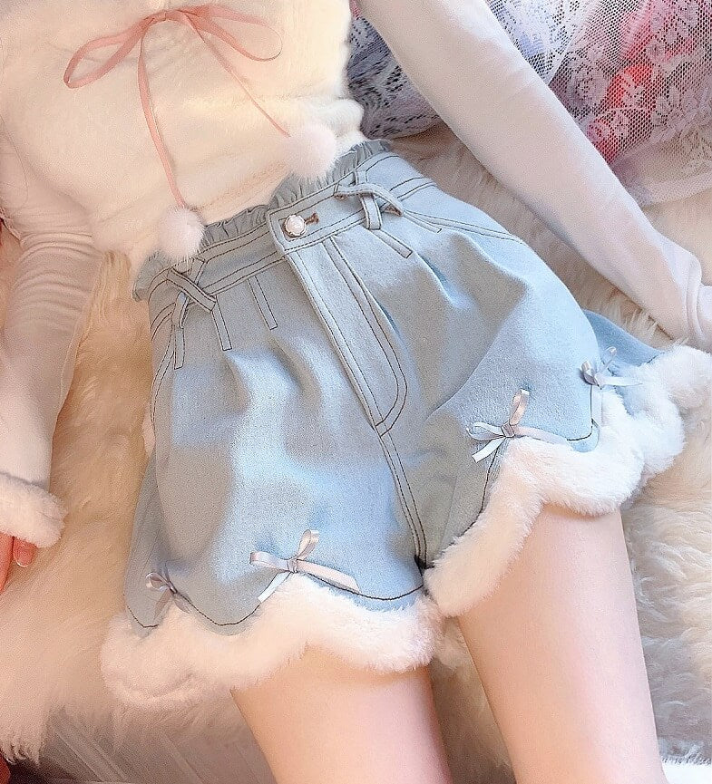 denim shorts with plush lining high waist winter fashion by9089