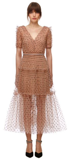 Dot Mesh Midi Dress: Polka Dot Sheer Overlay Knee-Length Dress