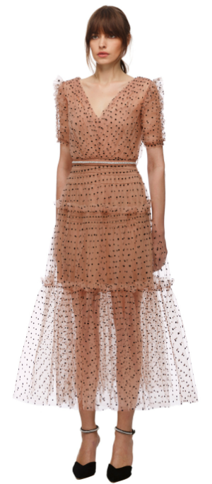 Dot Mesh Midi Dress: Polka Dot Sheer Overlay Knee-Length Dress