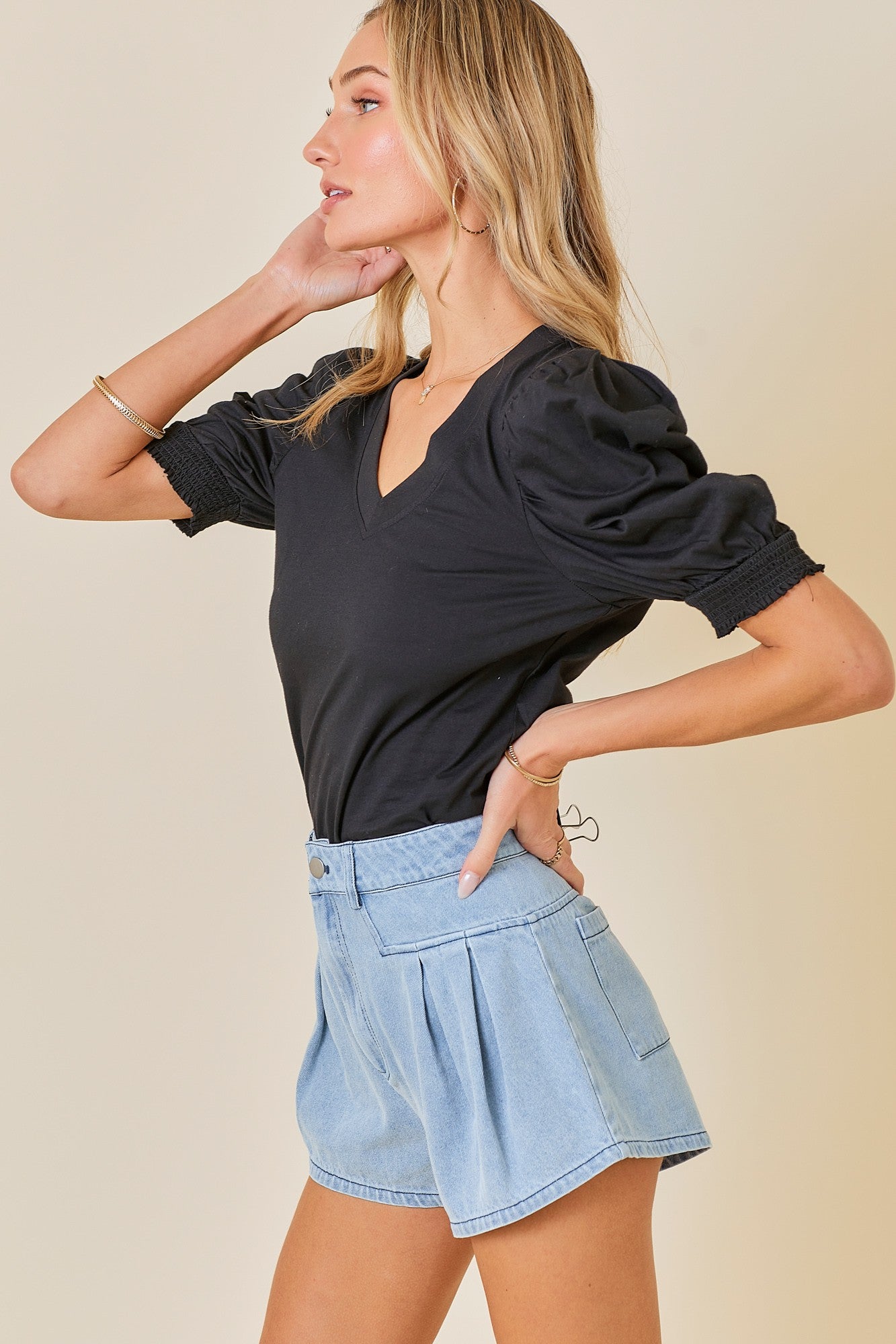 Double Pleated Fit and Flare Denim Shorts