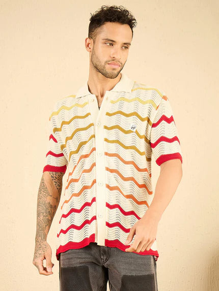 Ecru striped crochet shirt with wavy patterns.