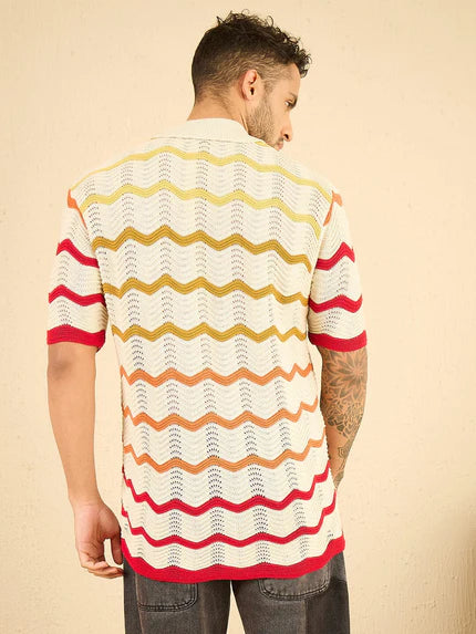 Ecru striped crochet shirt with wavy patterns.