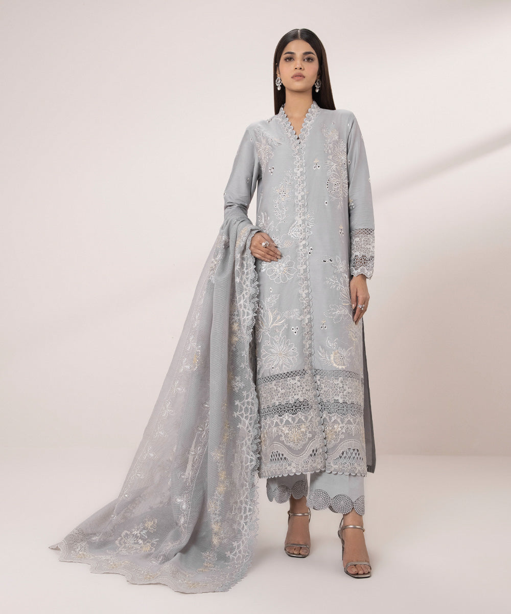 Embroidered Cotton Satin Suit Set - 3 Pieces