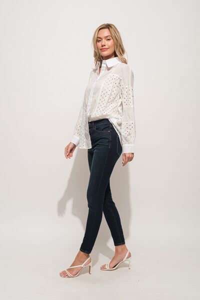 Eyelet Long Sleeve Button Down Shirt