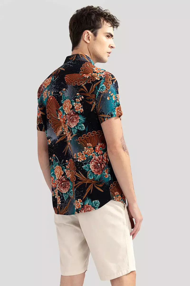 Floral print black shirt.