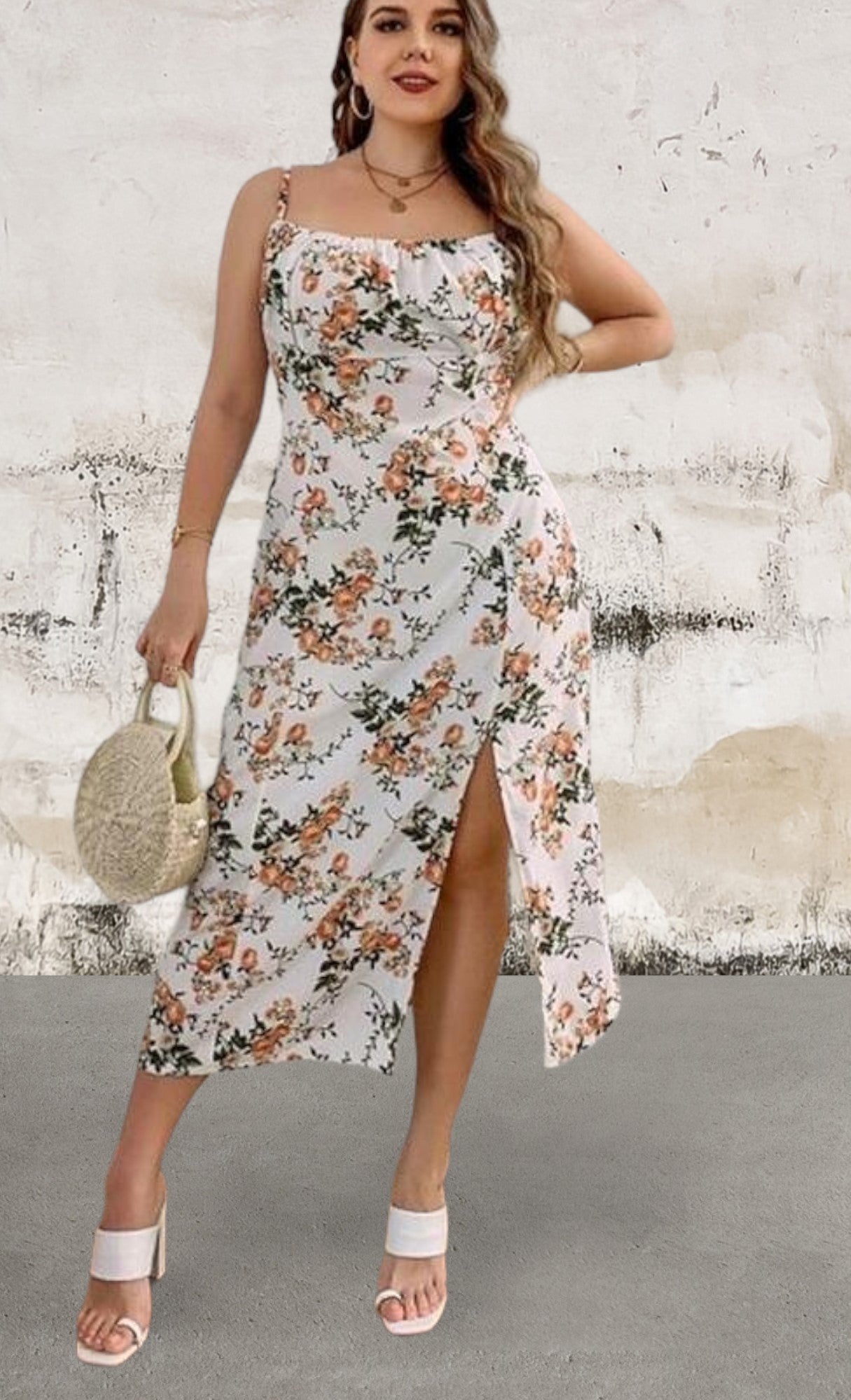 Floral print plus size side split cami dress