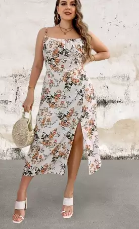 Floral print plus size side split cami dress