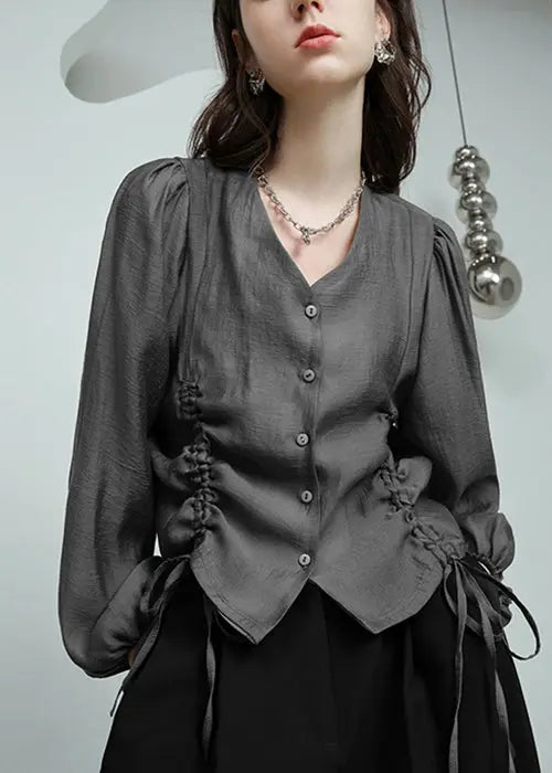 Green V Neck Lace Up Silk Cotton Shirt CG1059