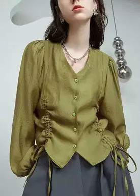 Green V Neck Lace Up Silk Cotton Shirt CG1059