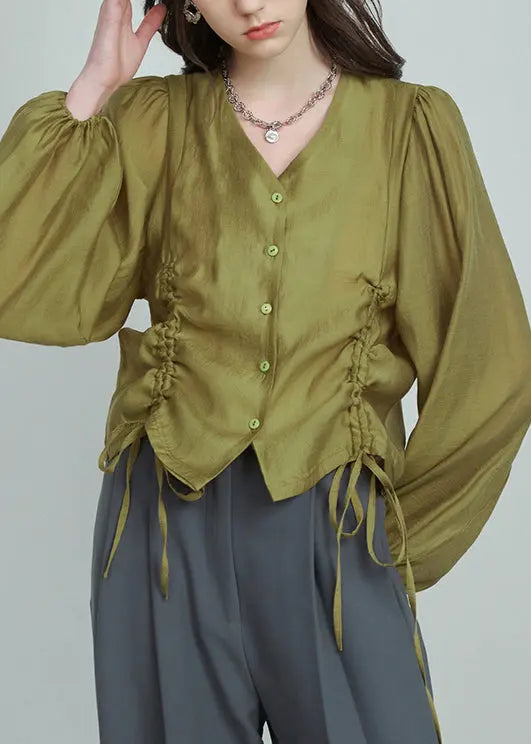 Green V Neck Lace Up Silk Cotton Shirt CG1059