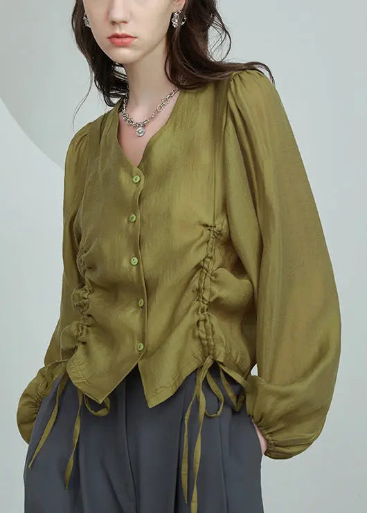 Green V Neck Lace Up Silk Cotton Shirt CG1059