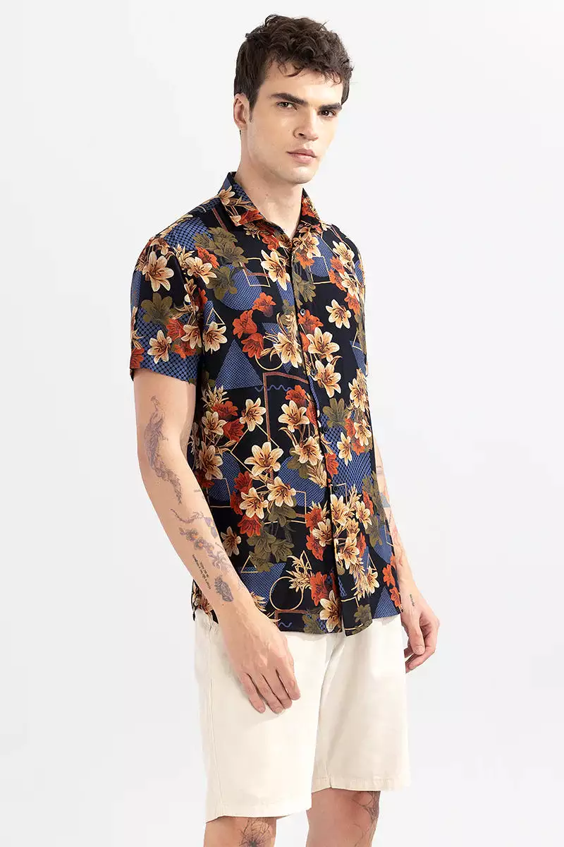 geometric patterned black shirt with floral design