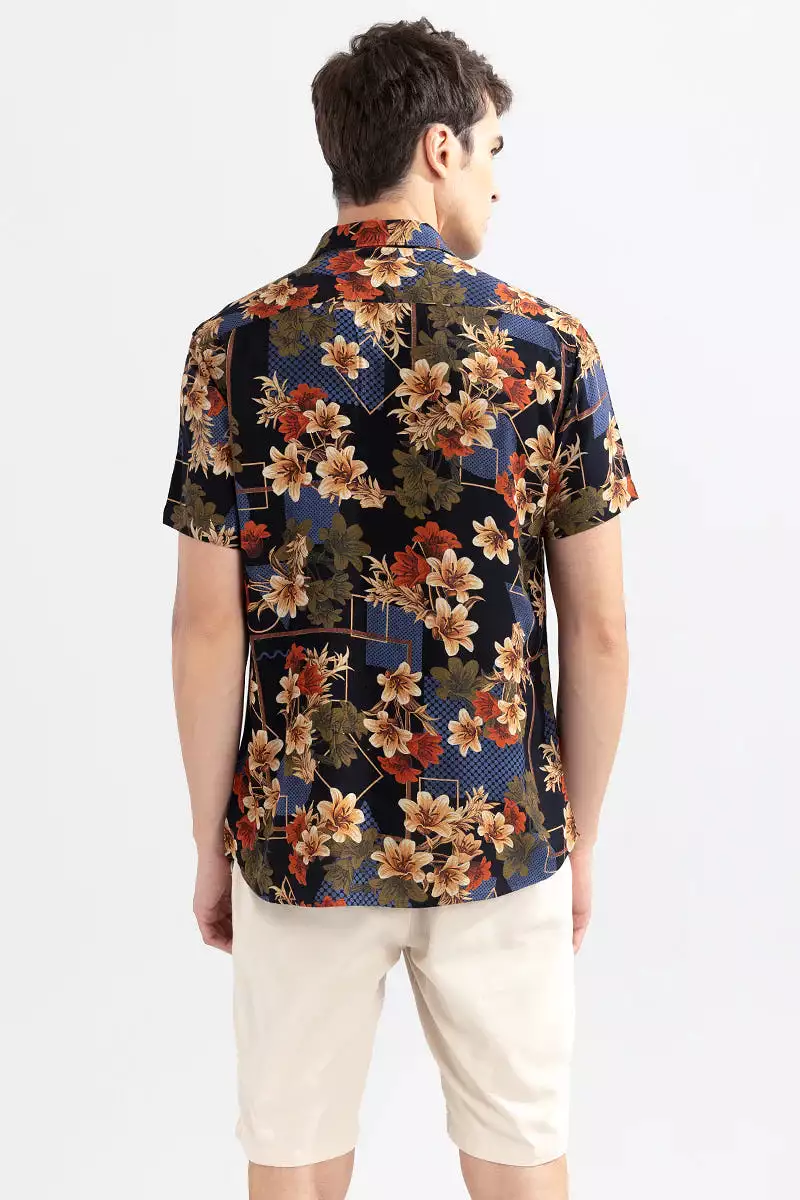 geometric patterned black shirt with floral design