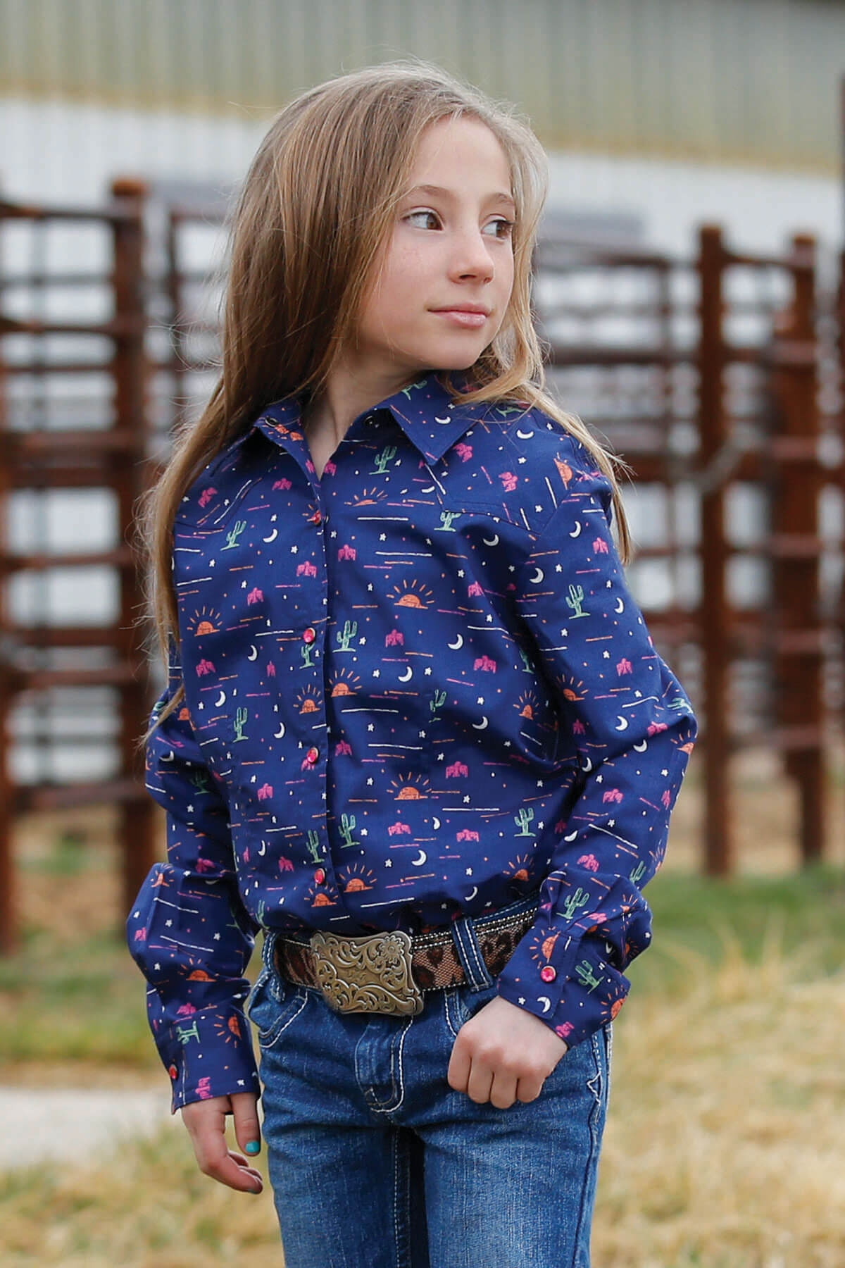 Girl's Navy Print Long Sleeve Shirt