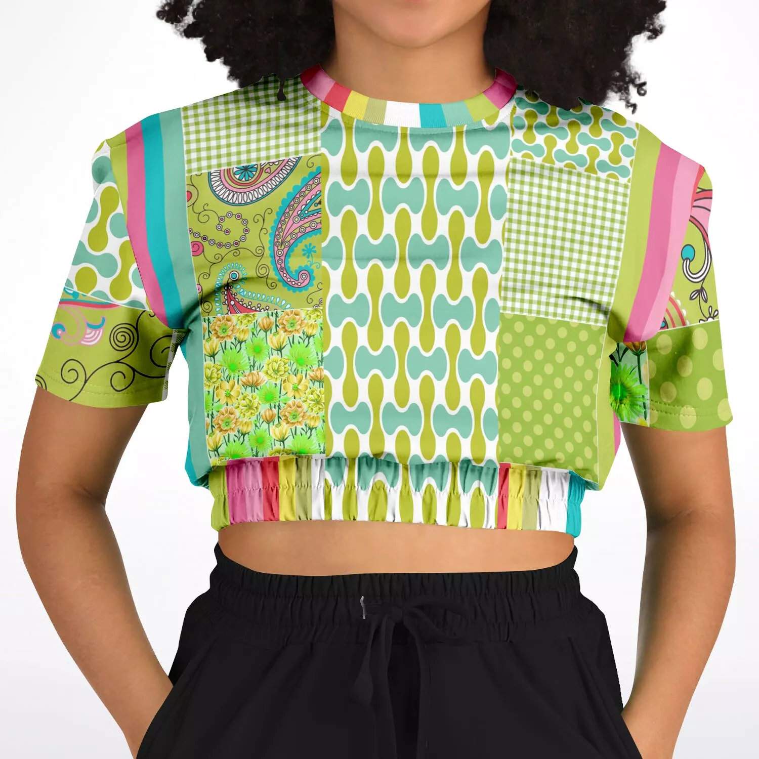 Green Anjou Pear Sweater Cropped Short Sleeve Patchwork Eco-Poly.