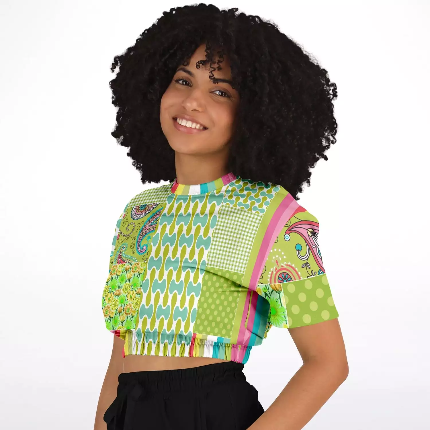 Green Anjou Pear Sweater Cropped Short Sleeve Patchwork Eco-Poly.