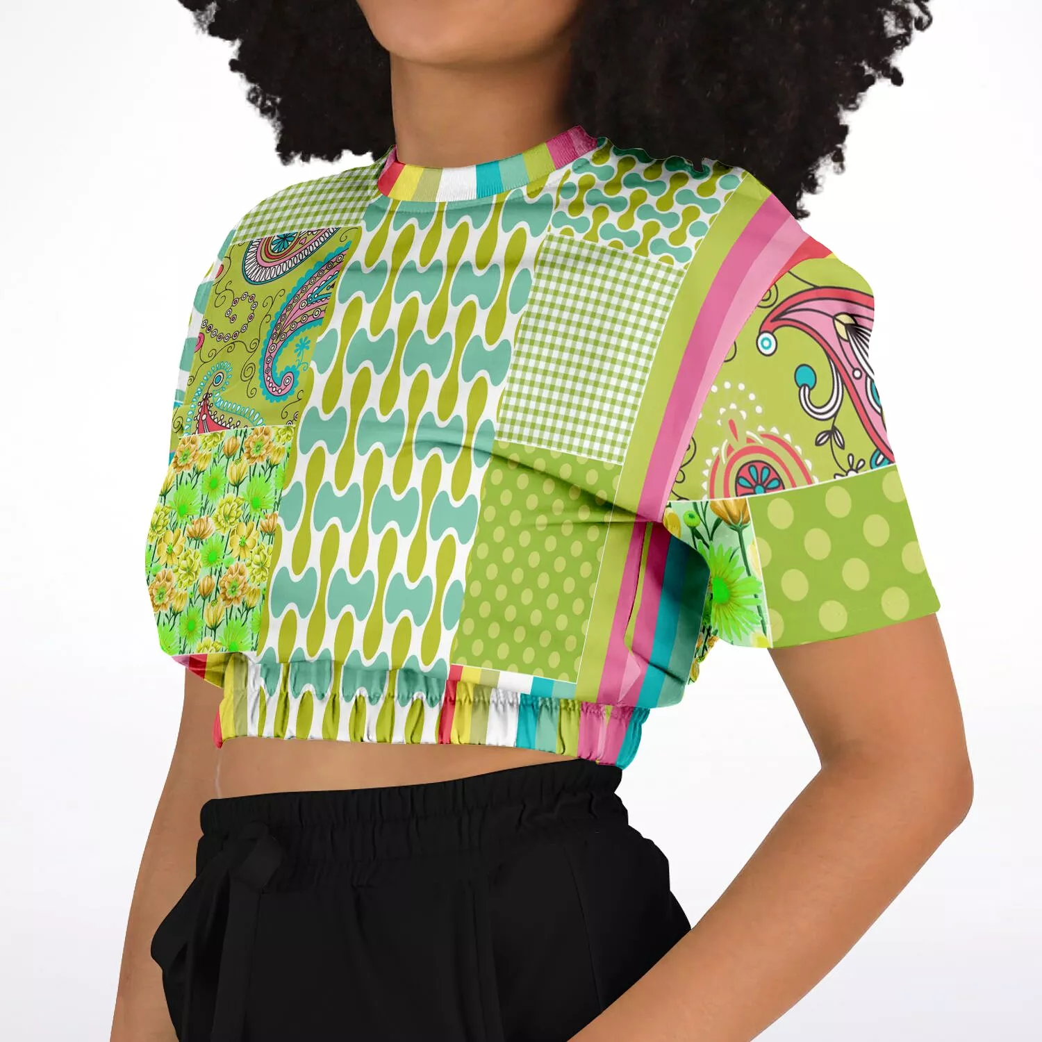 Green Anjou Pear Sweater Cropped Short Sleeve Patchwork Eco-Poly.