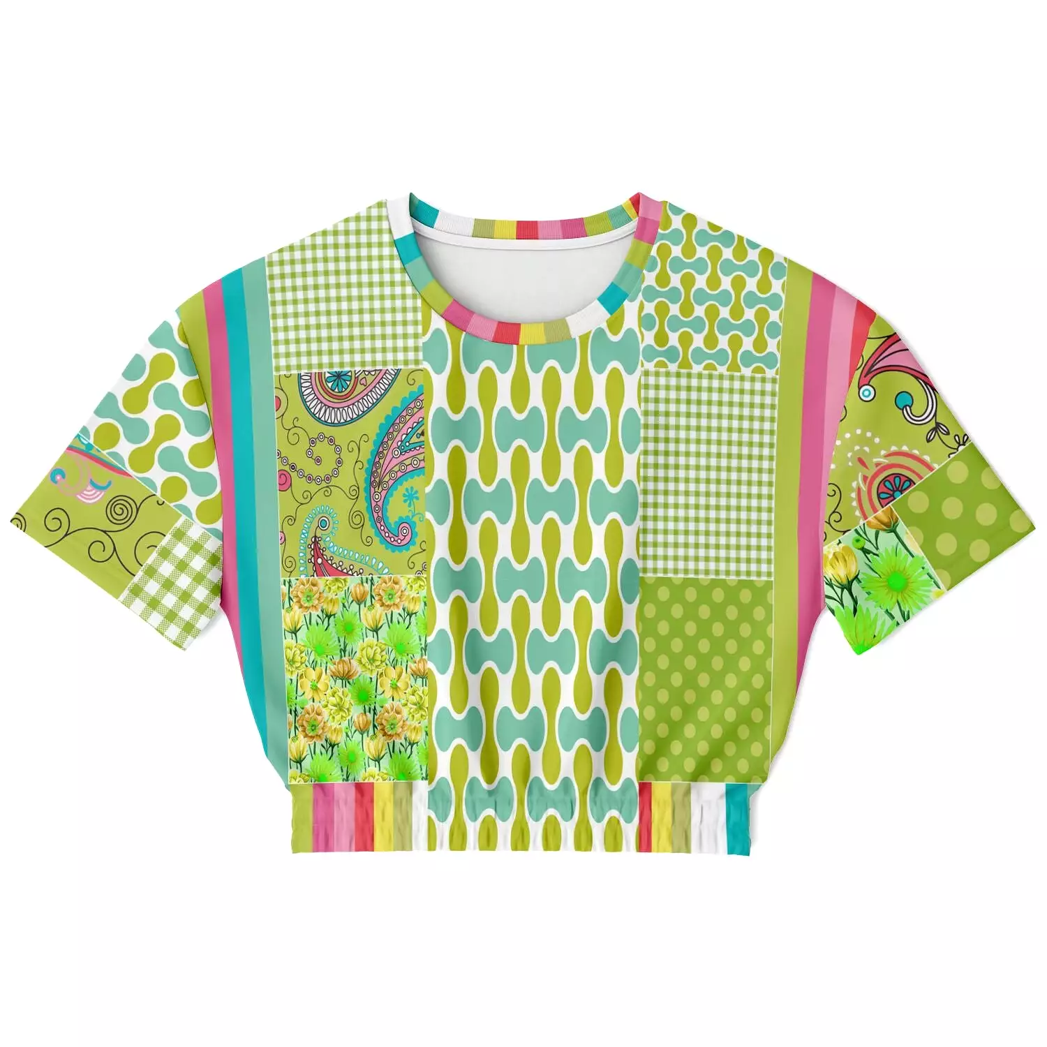 Green Anjou Pear Sweater Cropped Short Sleeve Patchwork Eco-Poly.