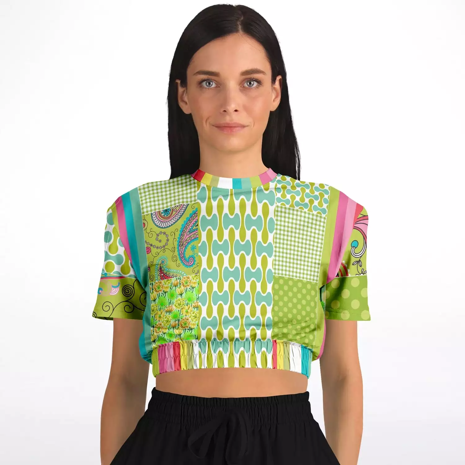 Green Anjou Pear Sweater Cropped Short Sleeve Patchwork Eco-Poly.