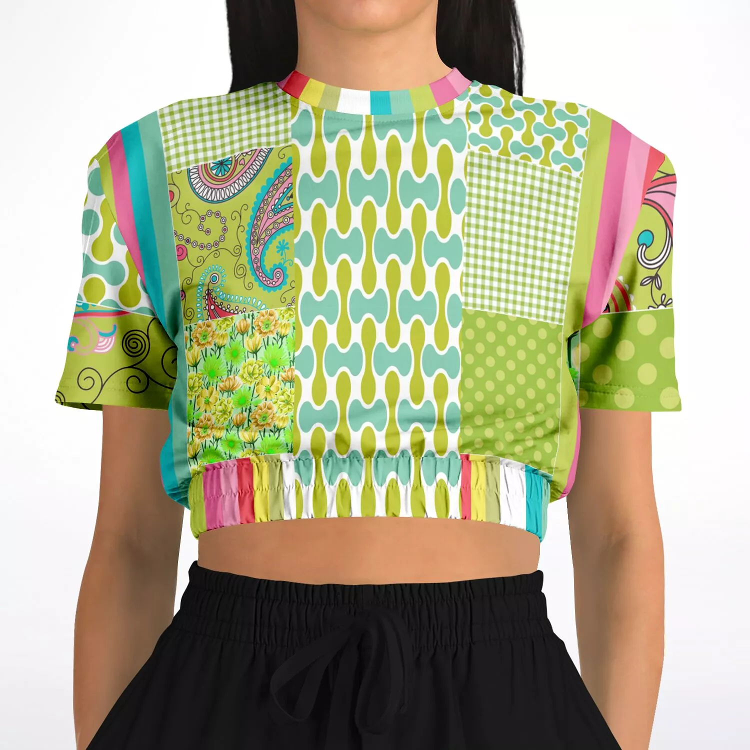 Green Anjou Pear Sweater Cropped Short Sleeve Patchwork Eco-Poly.