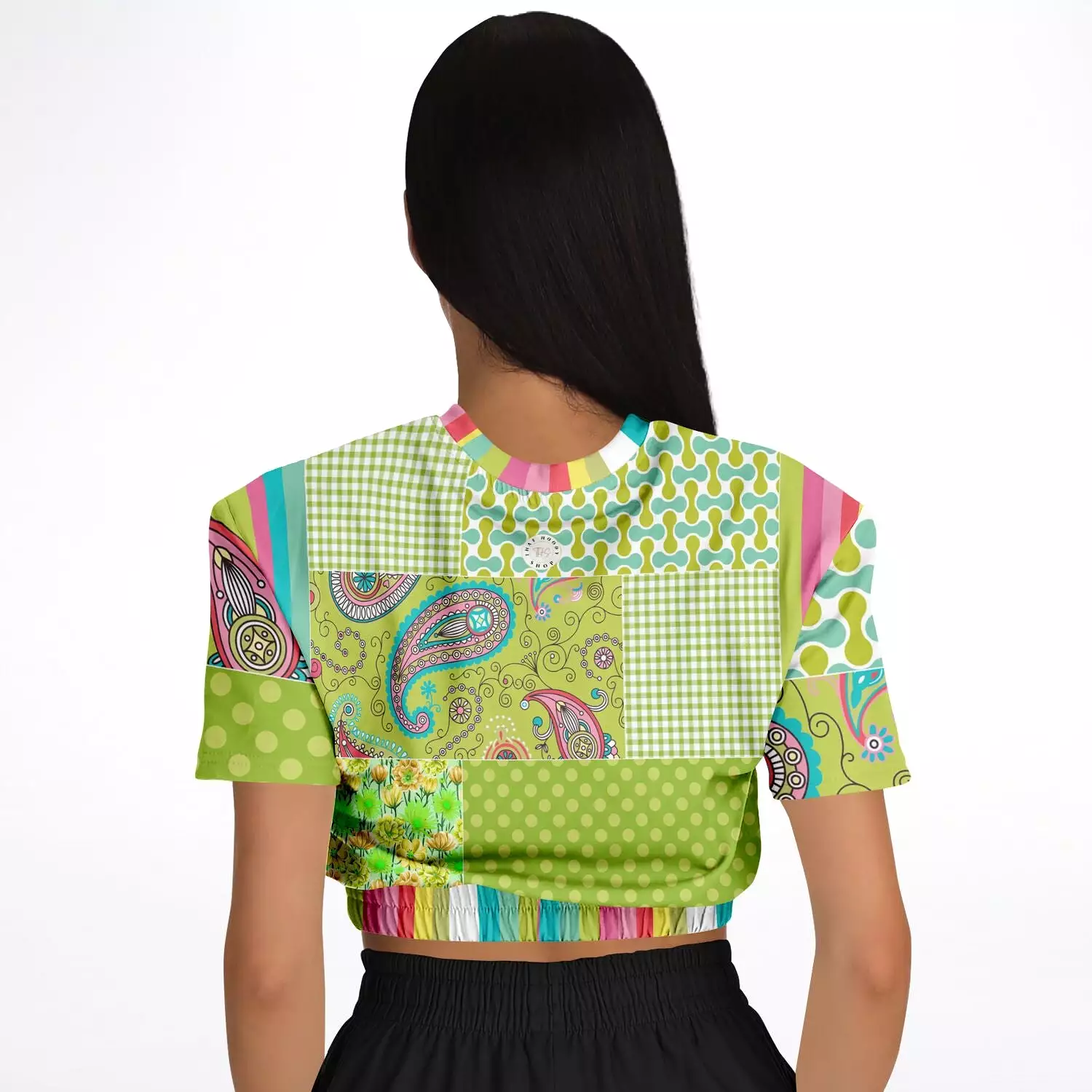 Green Anjou Pear Sweater Cropped Short Sleeve Patchwork Eco-Poly.