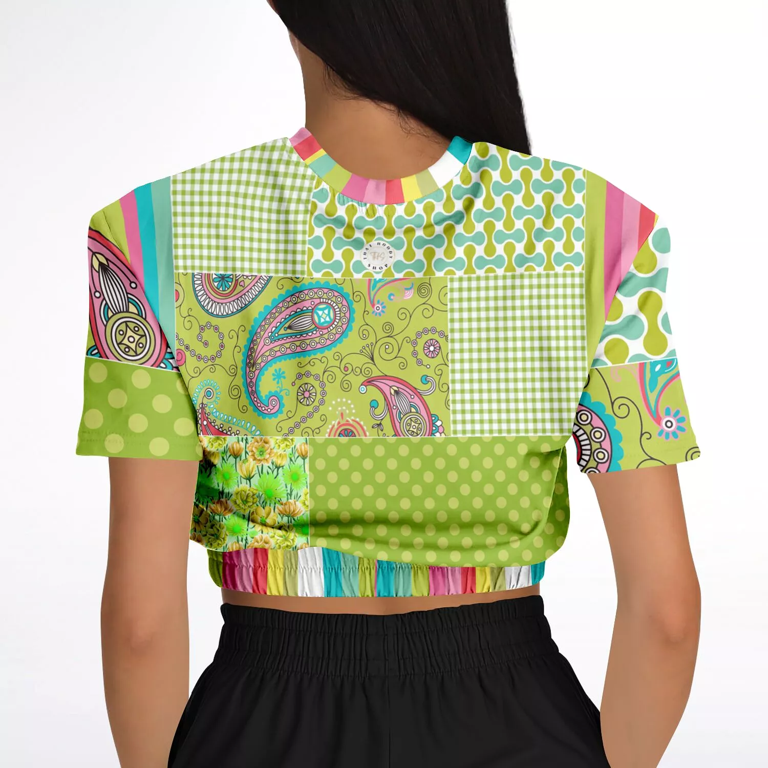 Green Anjou Pear Sweater Cropped Short Sleeve Patchwork Eco-Poly.