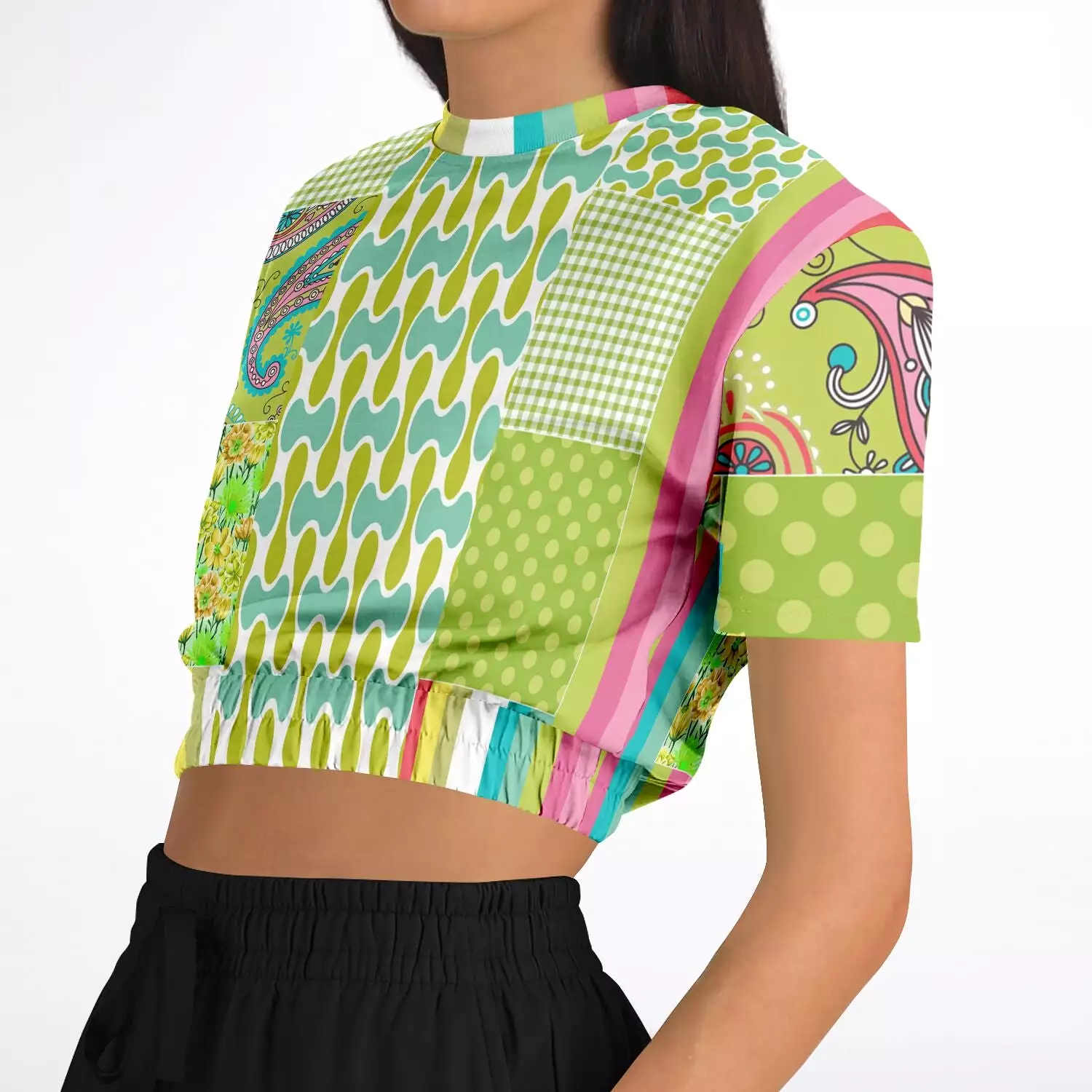 Green Anjou Pear Sweater Cropped Short Sleeve Patchwork Eco-Poly.