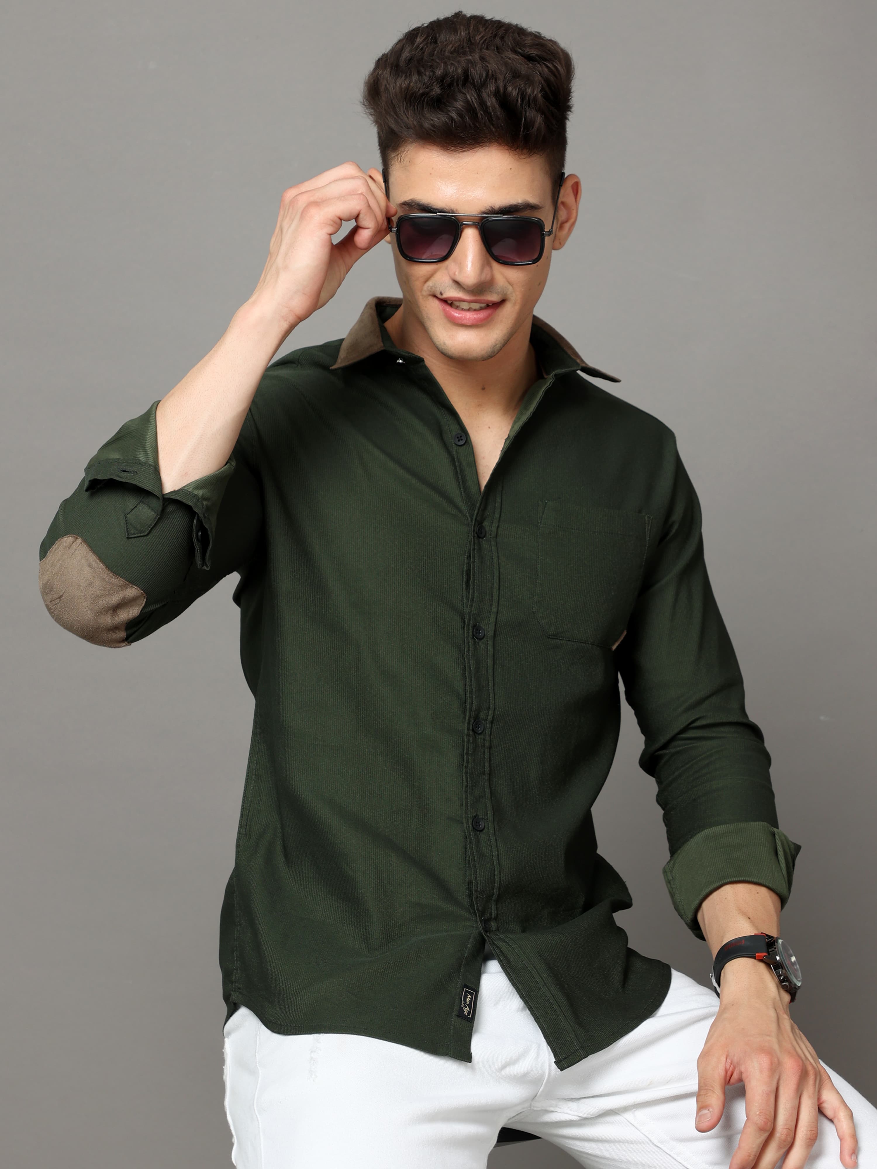 green cotton self stripe corduroy shirt with leather contrast