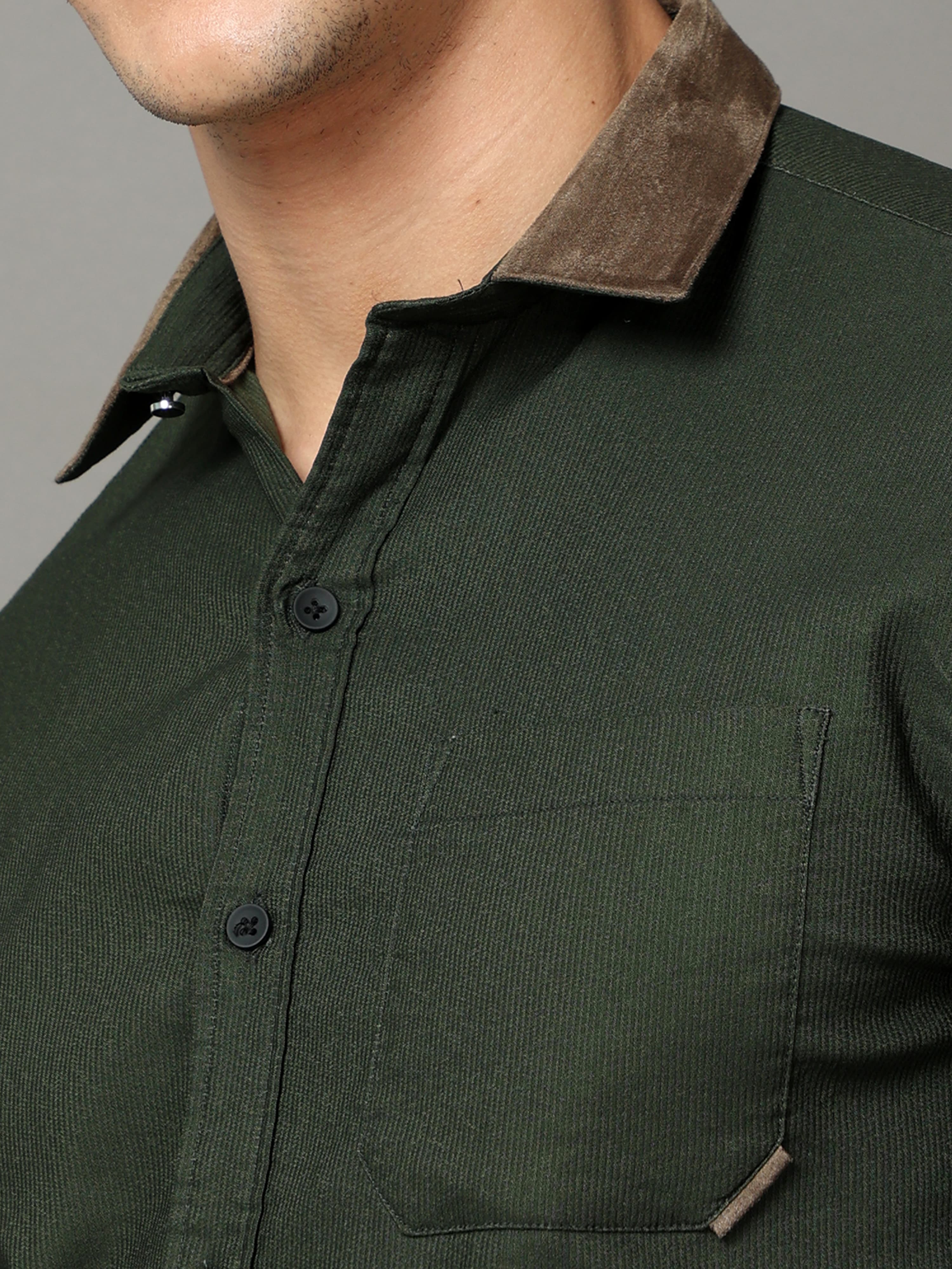 green cotton self stripe corduroy shirt with leather contrast