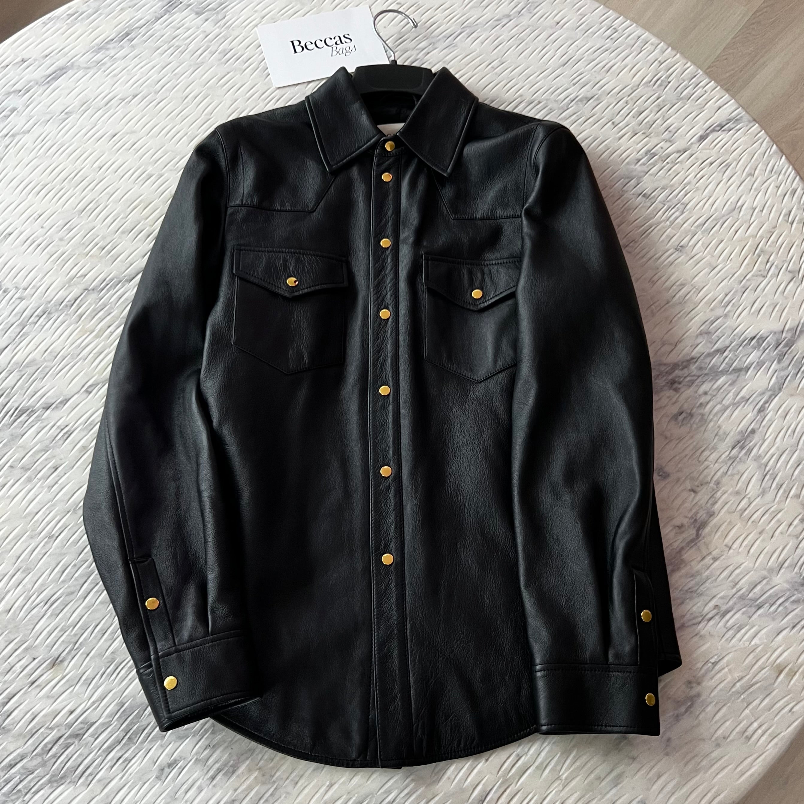 Gucci Black Lambskin Overshirt Jacket with Debossed Logo