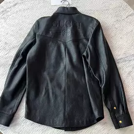 Gucci Black Lambskin Overshirt Jacket with Debossed Logo