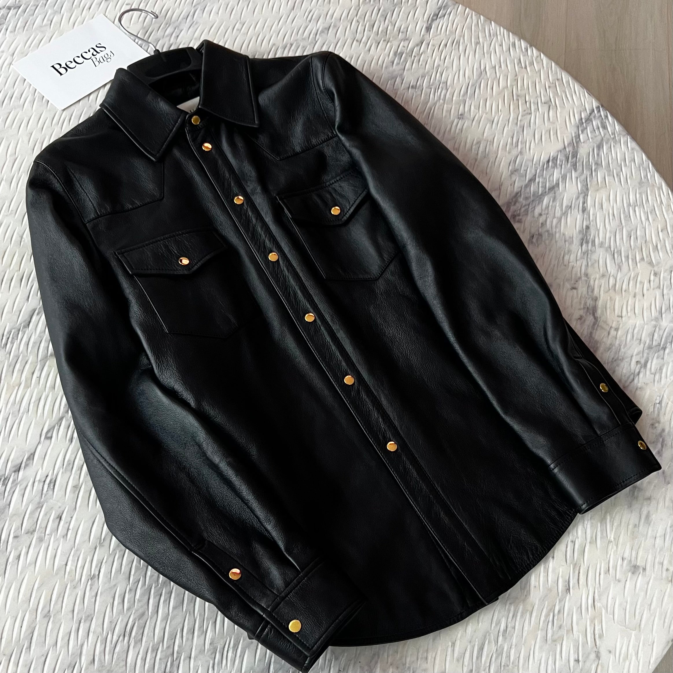 Gucci Black Lambskin Overshirt Jacket with Debossed Logo