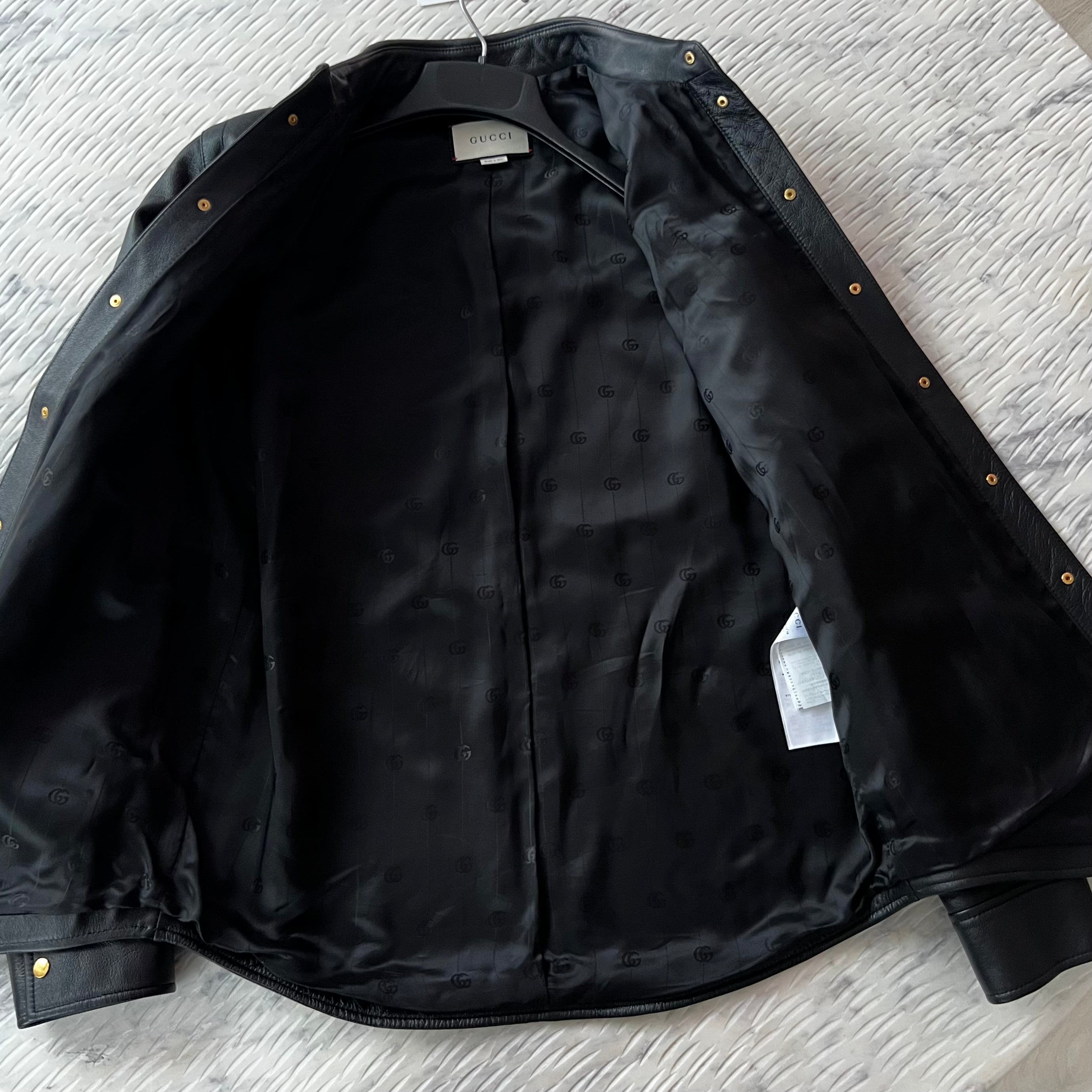 Gucci Black Lambskin Overshirt Jacket with Debossed Logo