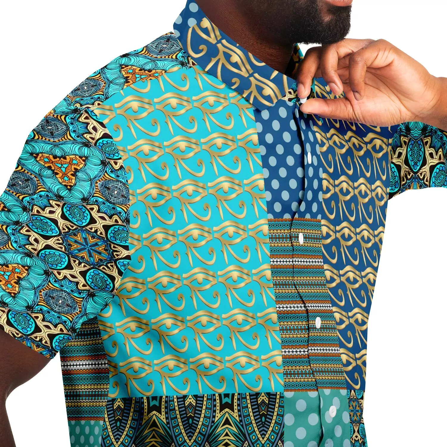 Horus Eye Patchwork Button Down Shirt, Abundant Blessings