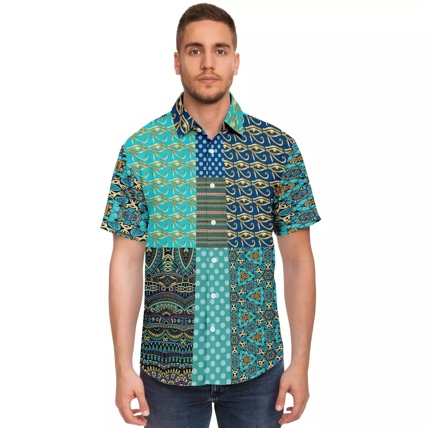 Horus Eye Patchwork Button Down Shirt, Abundant Blessings