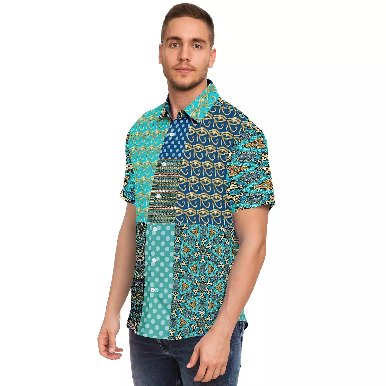 Horus Eye Patchwork Button Down Shirt, Abundant Blessings