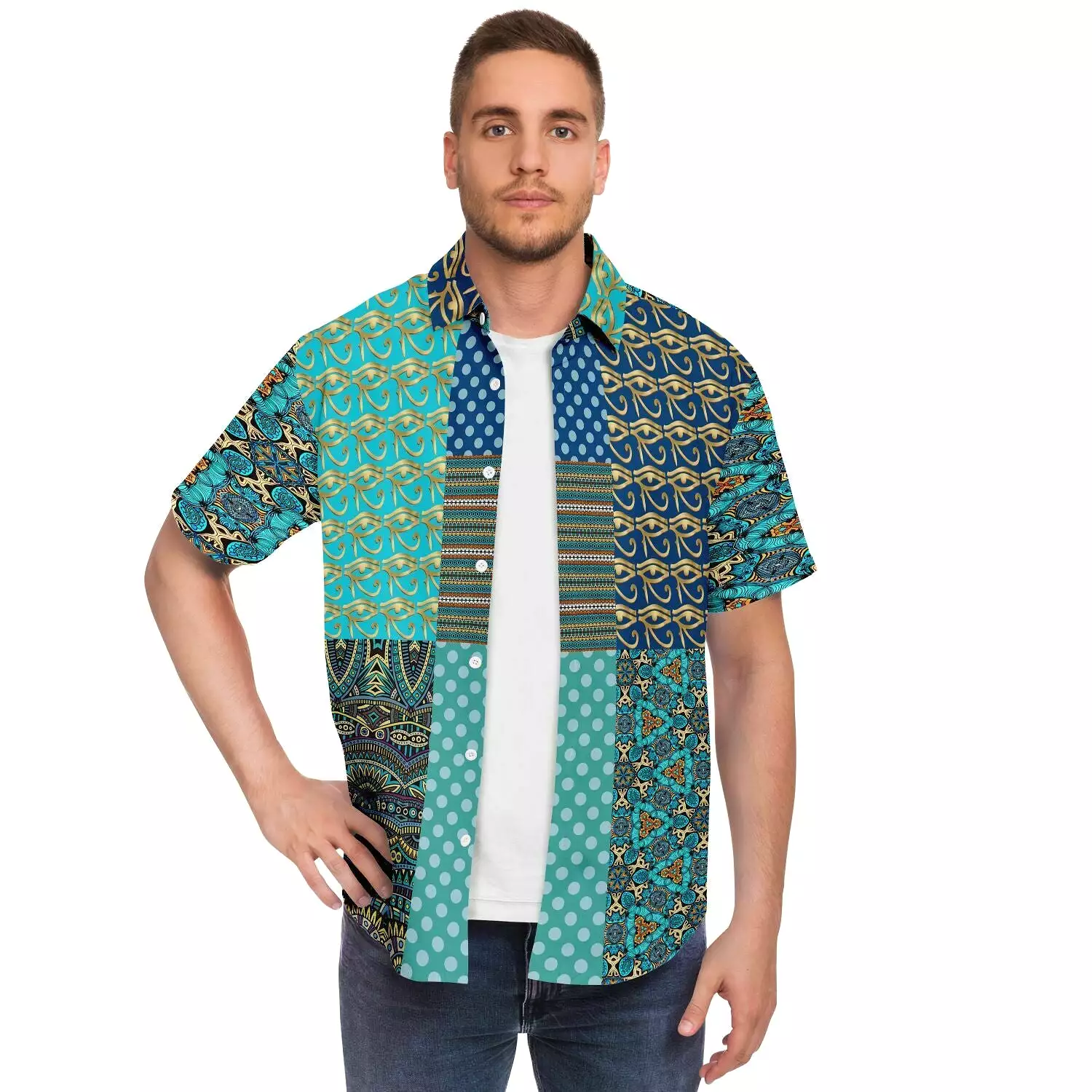 Horus Eye Patchwork Button Down Shirt, Abundant Blessings