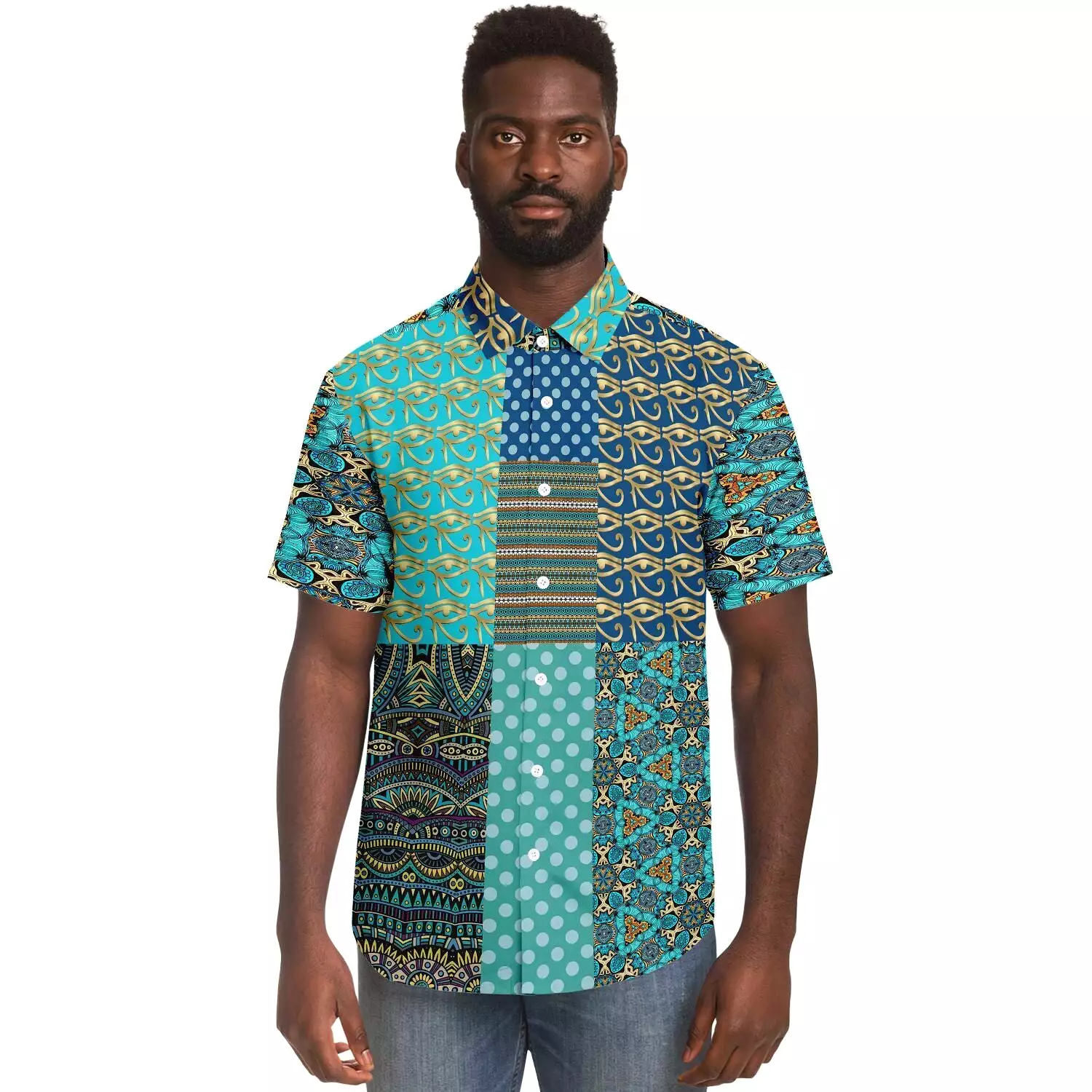 Horus Eye Patchwork Button Down Shirt, Abundant Blessings