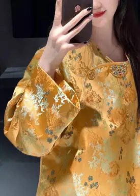 Jacquard Yellow Silk Shirt Long Sleeve with O Neck and Button - QA1021