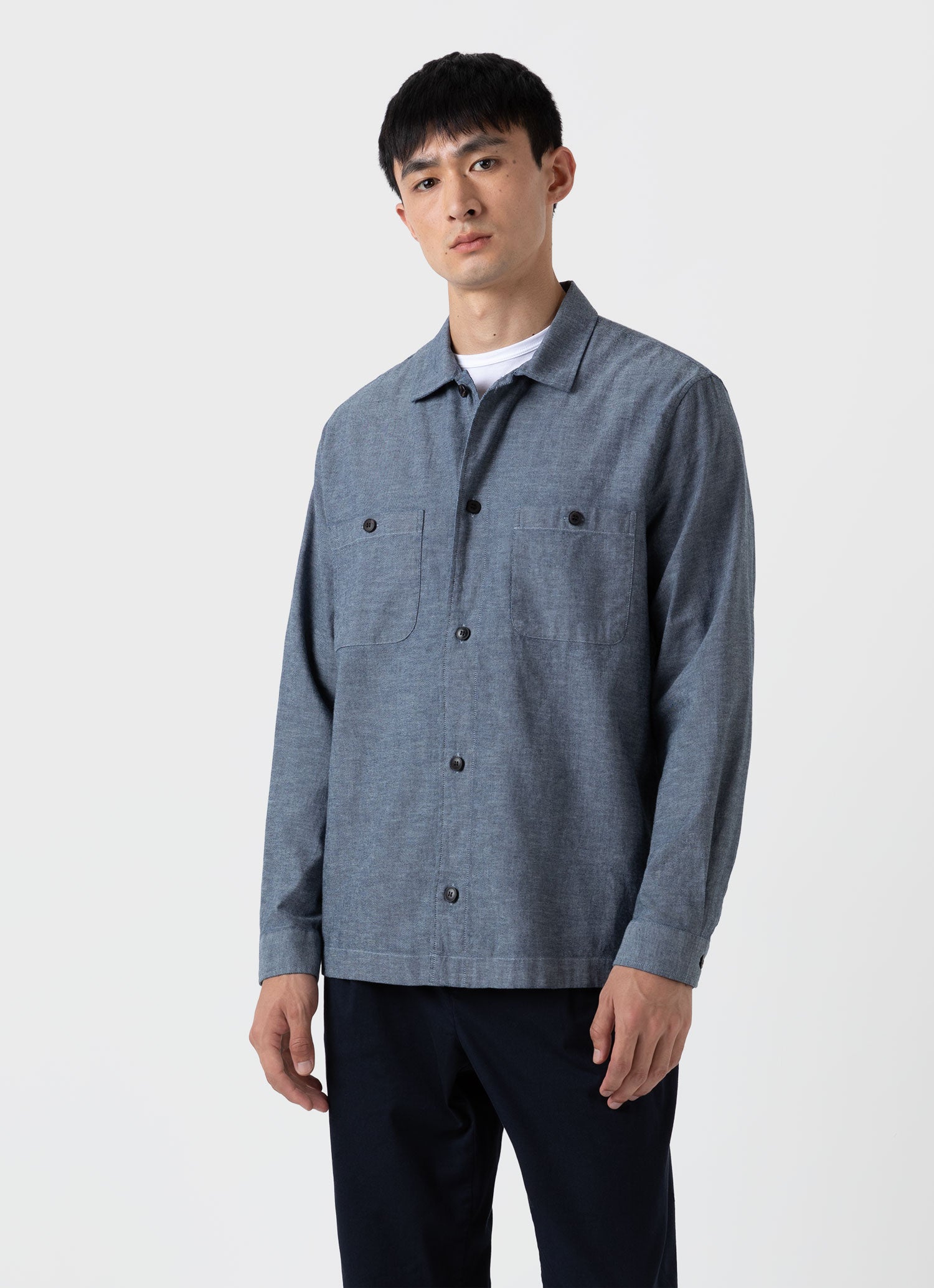 Japanese Chambray Overshirt, Men's Mid Blue Chambray