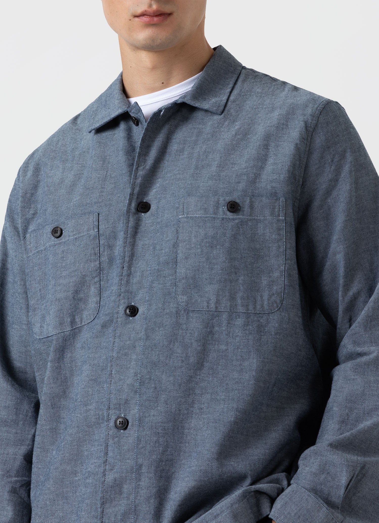 Japanese Chambray Overshirt, Men's Mid Blue Chambray