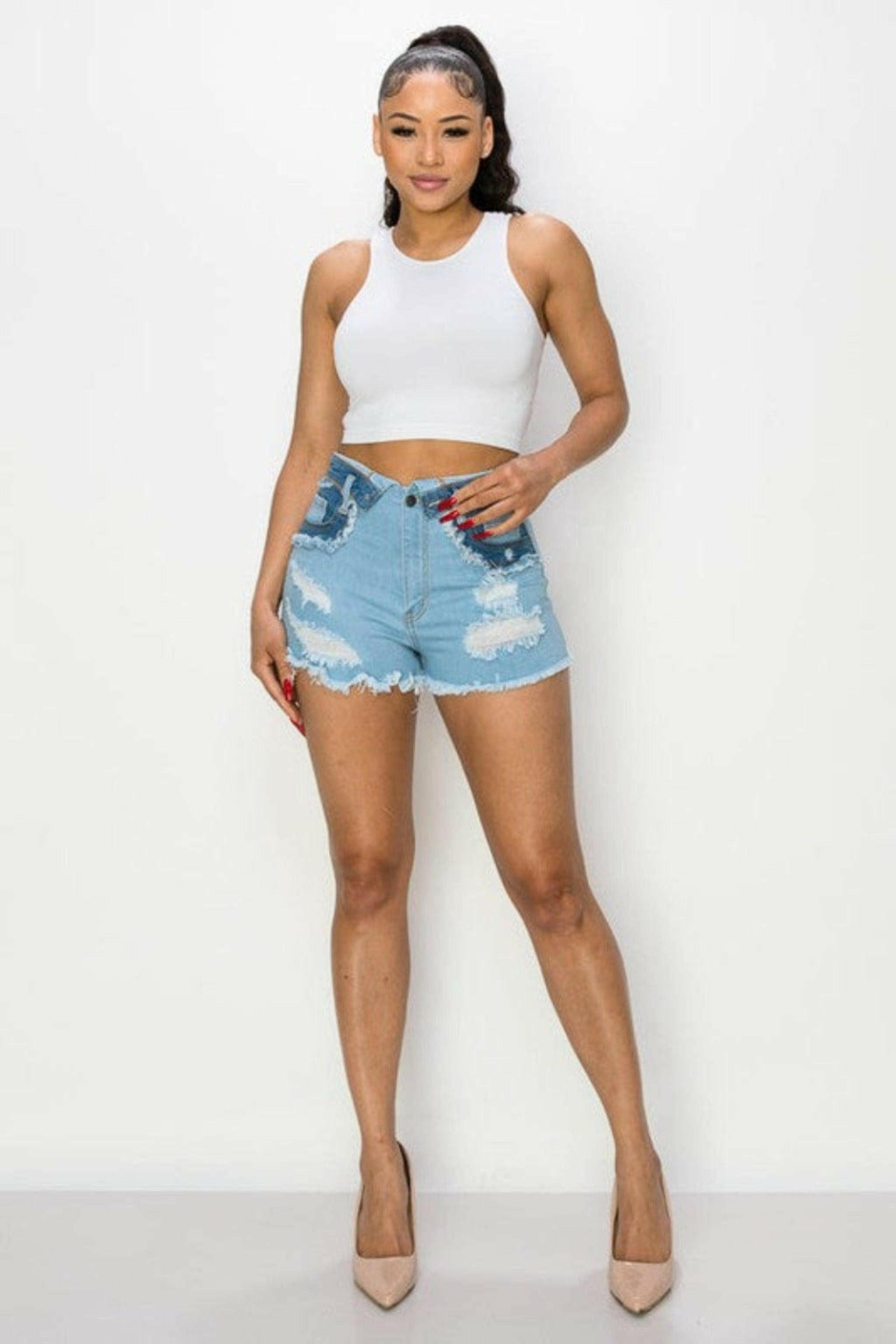 Junior distressed blue denim shorts jeans.