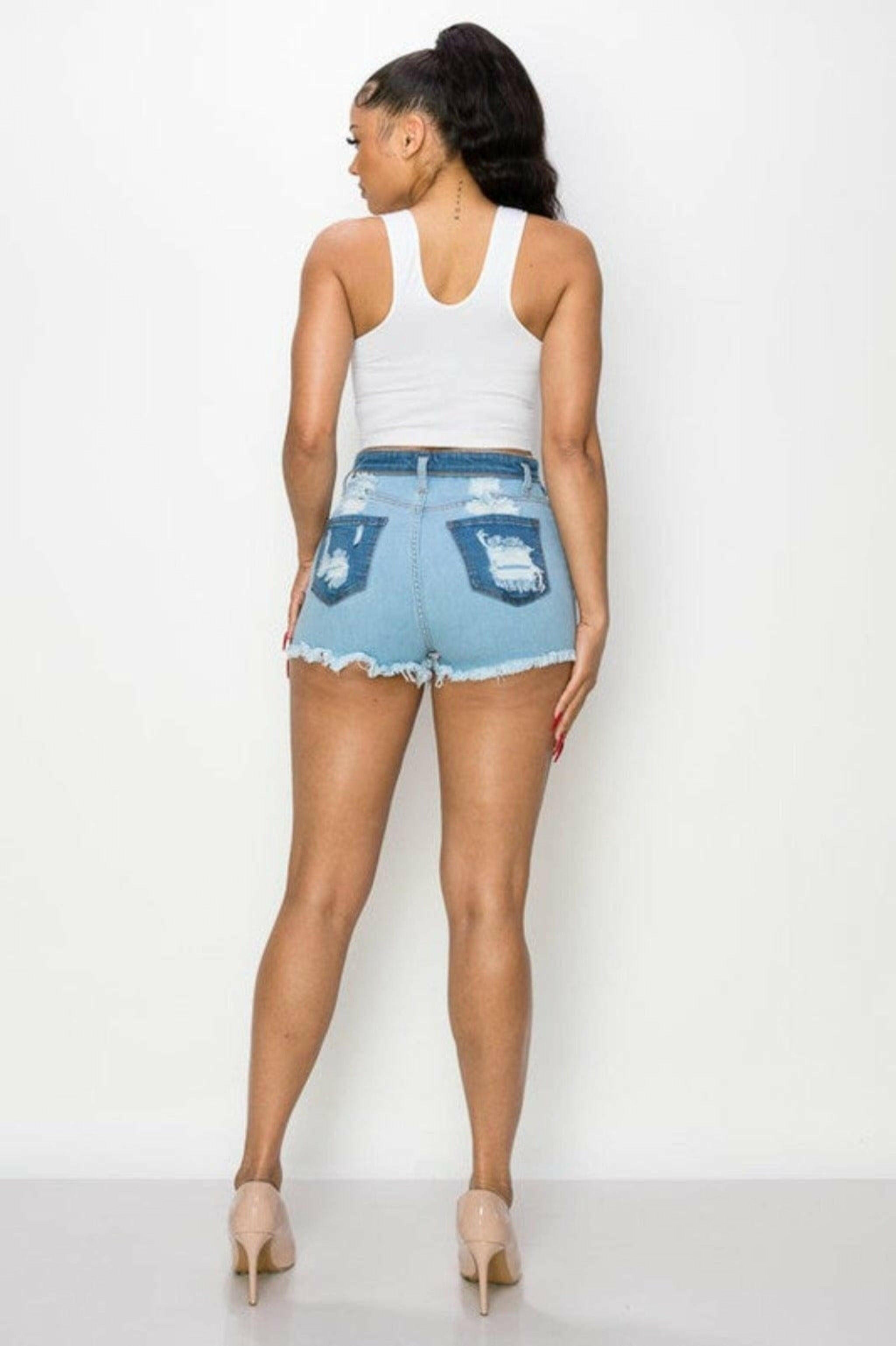 Junior distressed blue denim shorts jeans.